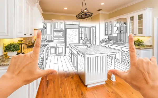 Real kitchen with hands framing it, overlayed with a line drawing of the same kitchen.
