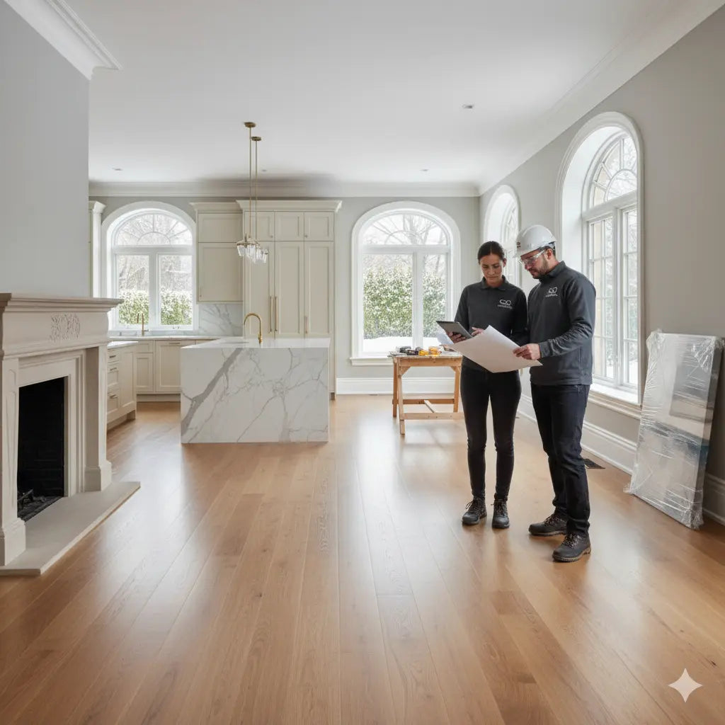 Two men in a modern kitchen looking at a document, with a kitchen and living room in the background.