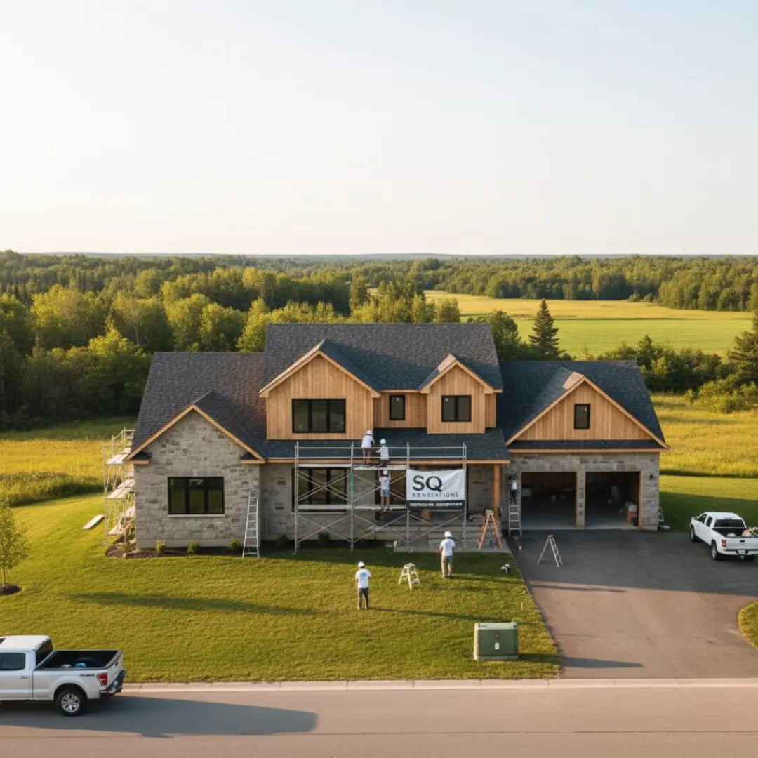 Aerial view of a large house under construction with scaffolding and workers, surrounded by green fields and trees.