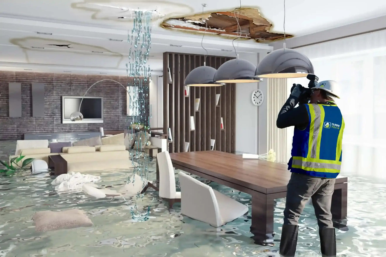 Person in high-visibility vest inspecting flooded office space with water reaching furniture.